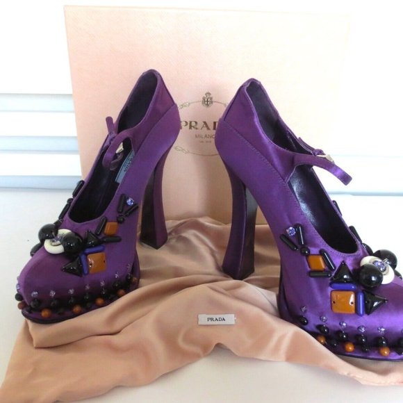 NIB PRADA SATIN MARY JANE PLATFORM PUMPS JEWELED HEEL - Picture 1 of 12